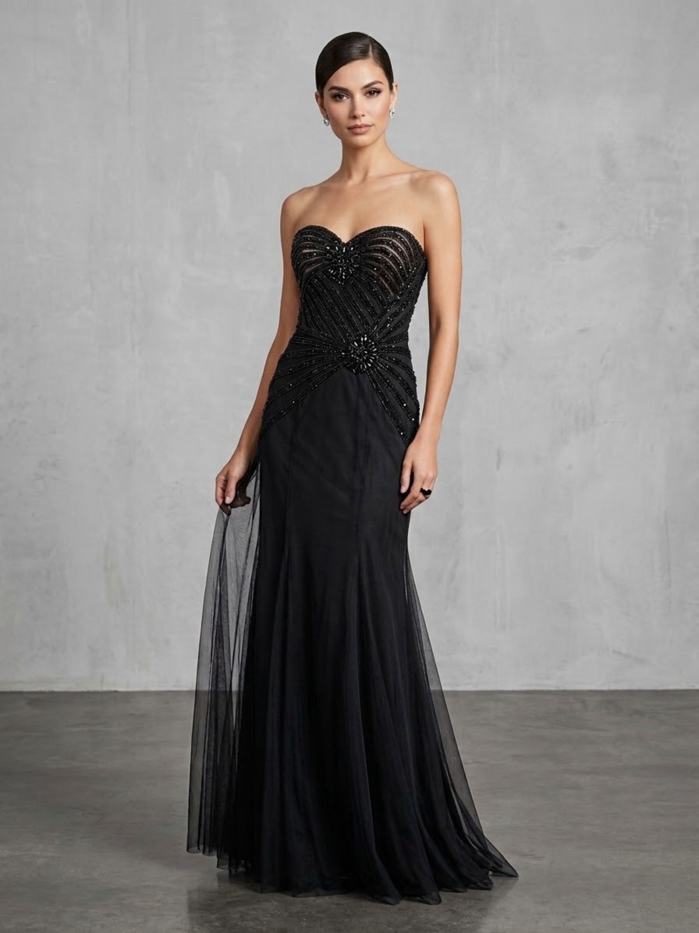 Dave & Johnny Strapless Black Beaded Tulle Gown